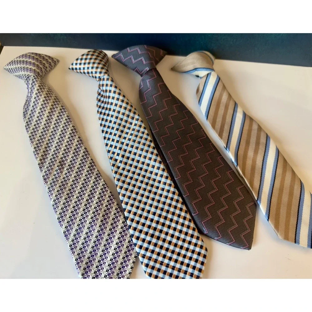 Boys Clip On Necktie Lot of 4 Striped Plaid Geometric Formal Tie Ages 6-10